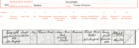  Birth Joseph Newton Bird 28.11.1852 Sleaford