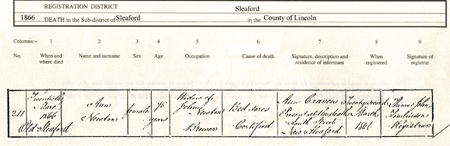 Death of Ann Newton ( Dansby) 1866 Sleaford