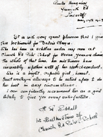Reference letter for Dulcie - May 17th 1923